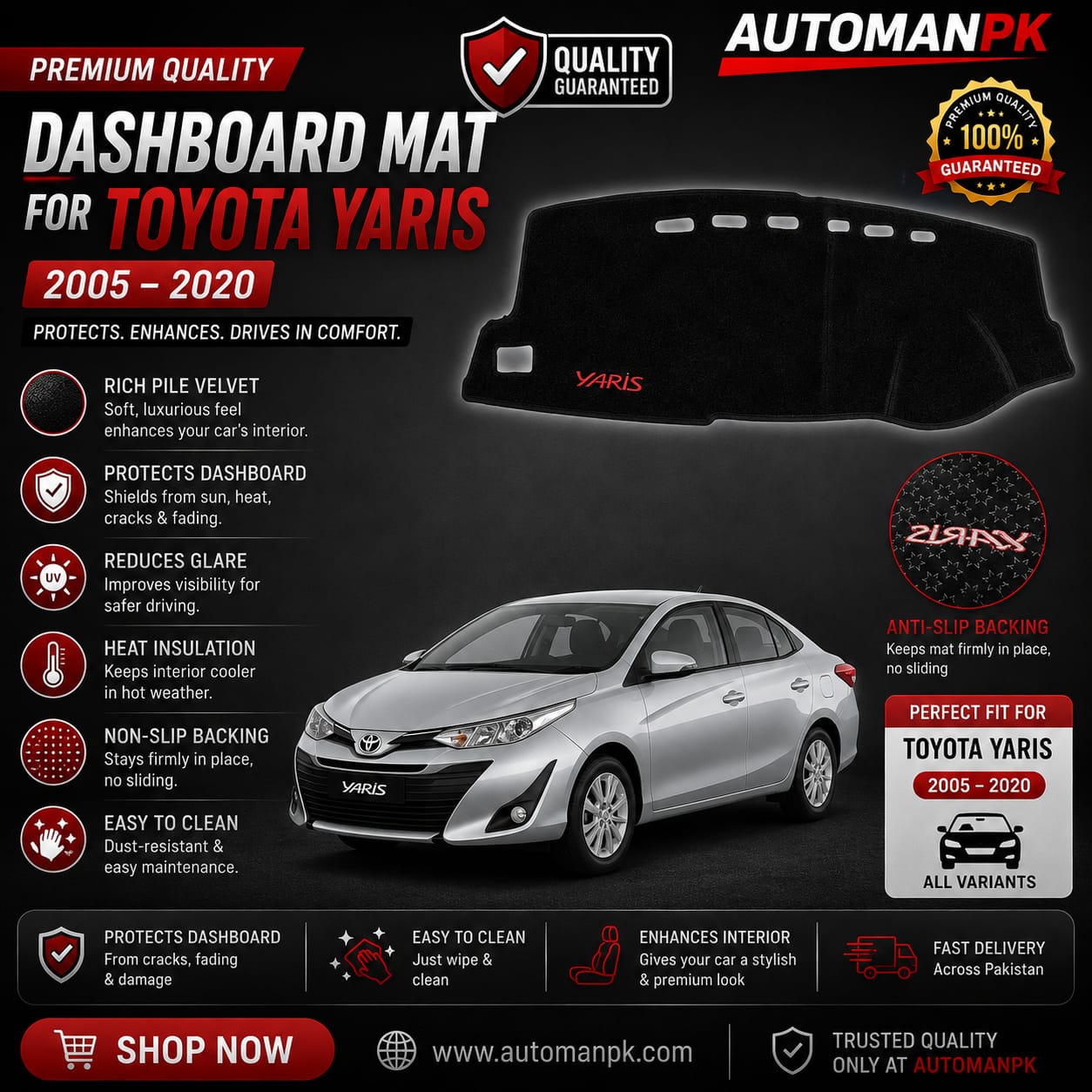 Toyota Yaris 2020-2024 Velvet Dashboard Mat – Anti-Glare & Non-Slip | Custom Fit