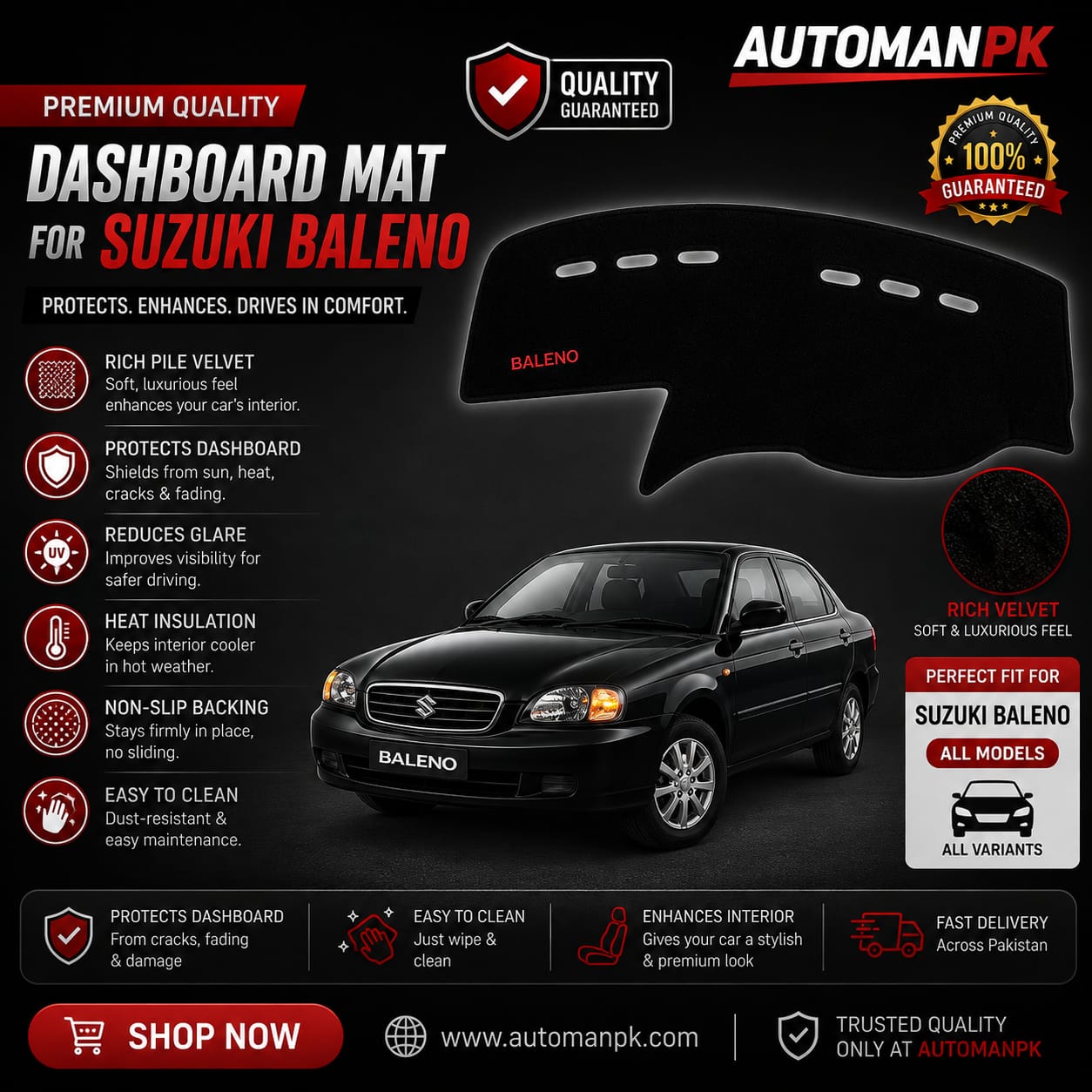 Suzuki Baleno Dashboard Mat – Premium Velvet & Simple | Anti-Glare | Non-Slip | Custom Fit
