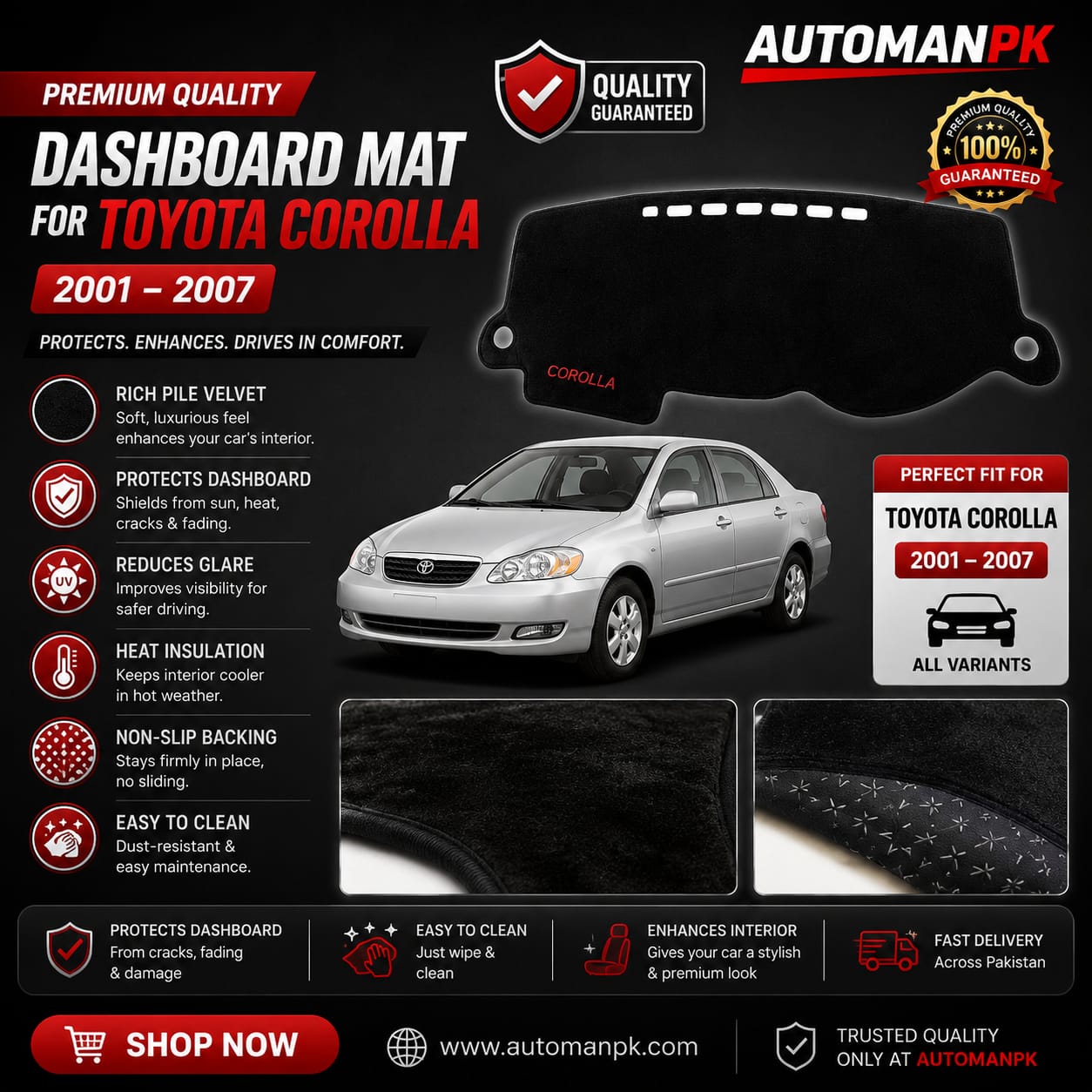 Toyota Corolla 2002-2008 Dashboard Mat – Premium Velvet & Cotton Fabric | Anti-Glare | Non-Slip