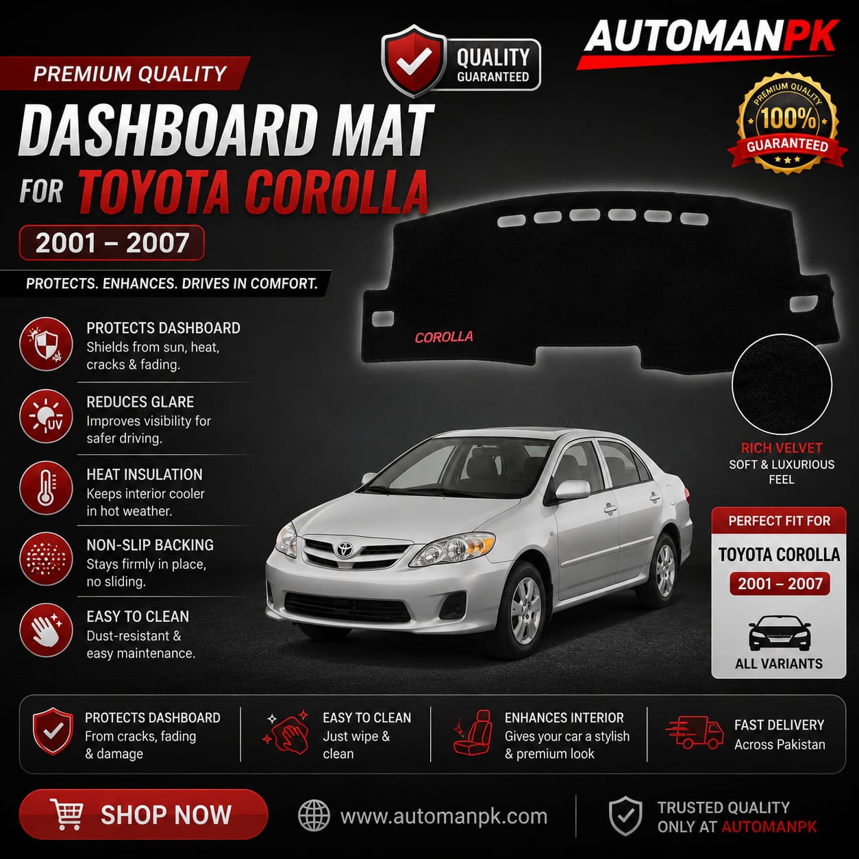 Toyota Corolla 2009-2014 Dashboard Mat – Velvet & Carpet Mat | Anti-Glare | Non-Slip | Custom Fit