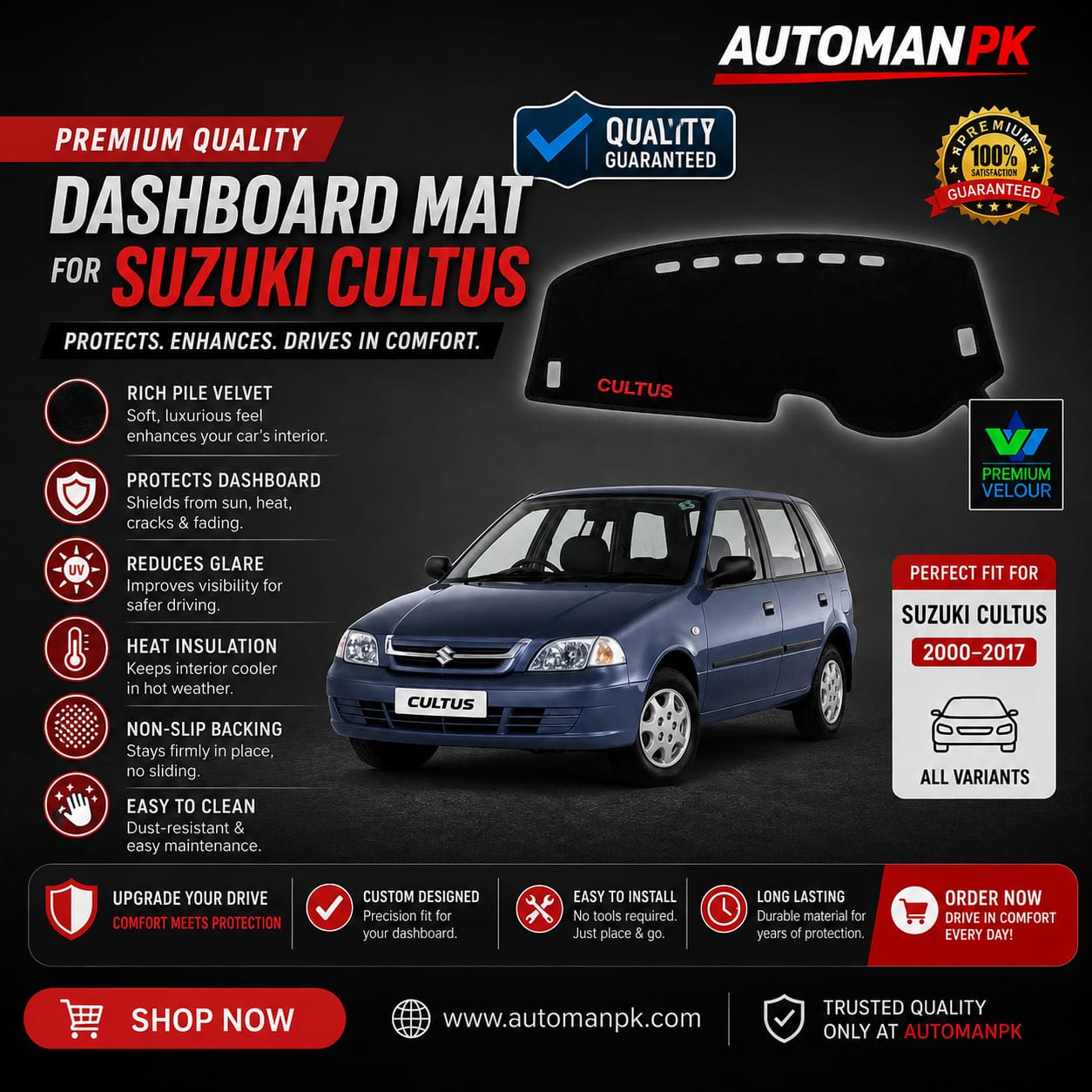 Suzuki Cultus 2000-2016 Dashboard Mat – Velvet & Carpet | Anti-Glare | Non-Slip | Custom Fit