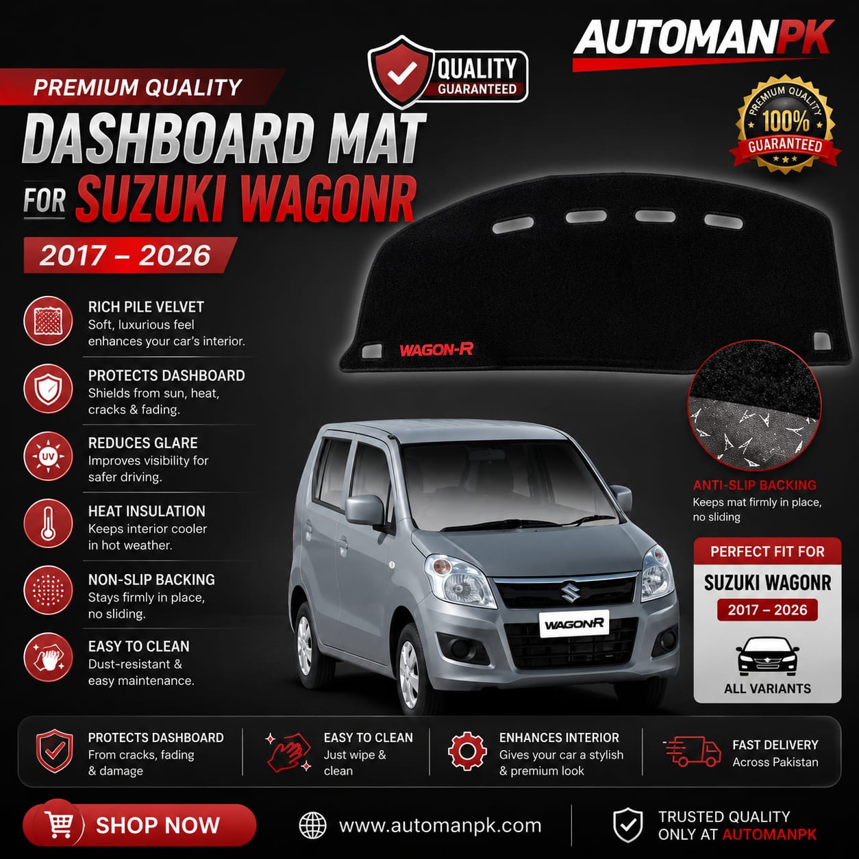 Suzuki WagonR 2014-2026 Dashboard Mat – Velvet & Carpet | Anti-Glare | Non-Slip | Custom Fit