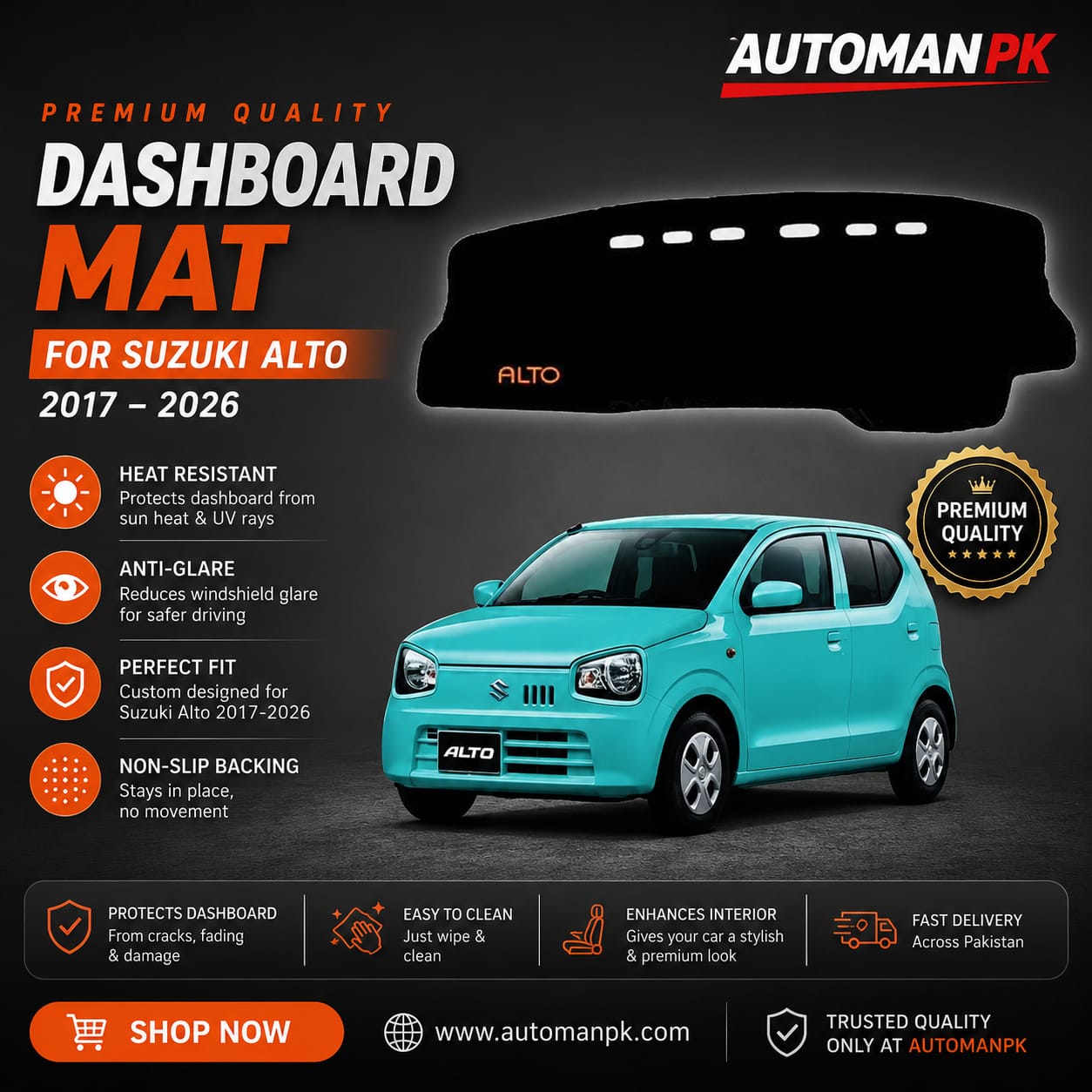 Suzuki Alto 660cc 2017-2026 Dashboard Mat – Velvet & Carpet | Anti-Glare | Non-Slip | Custom Fit