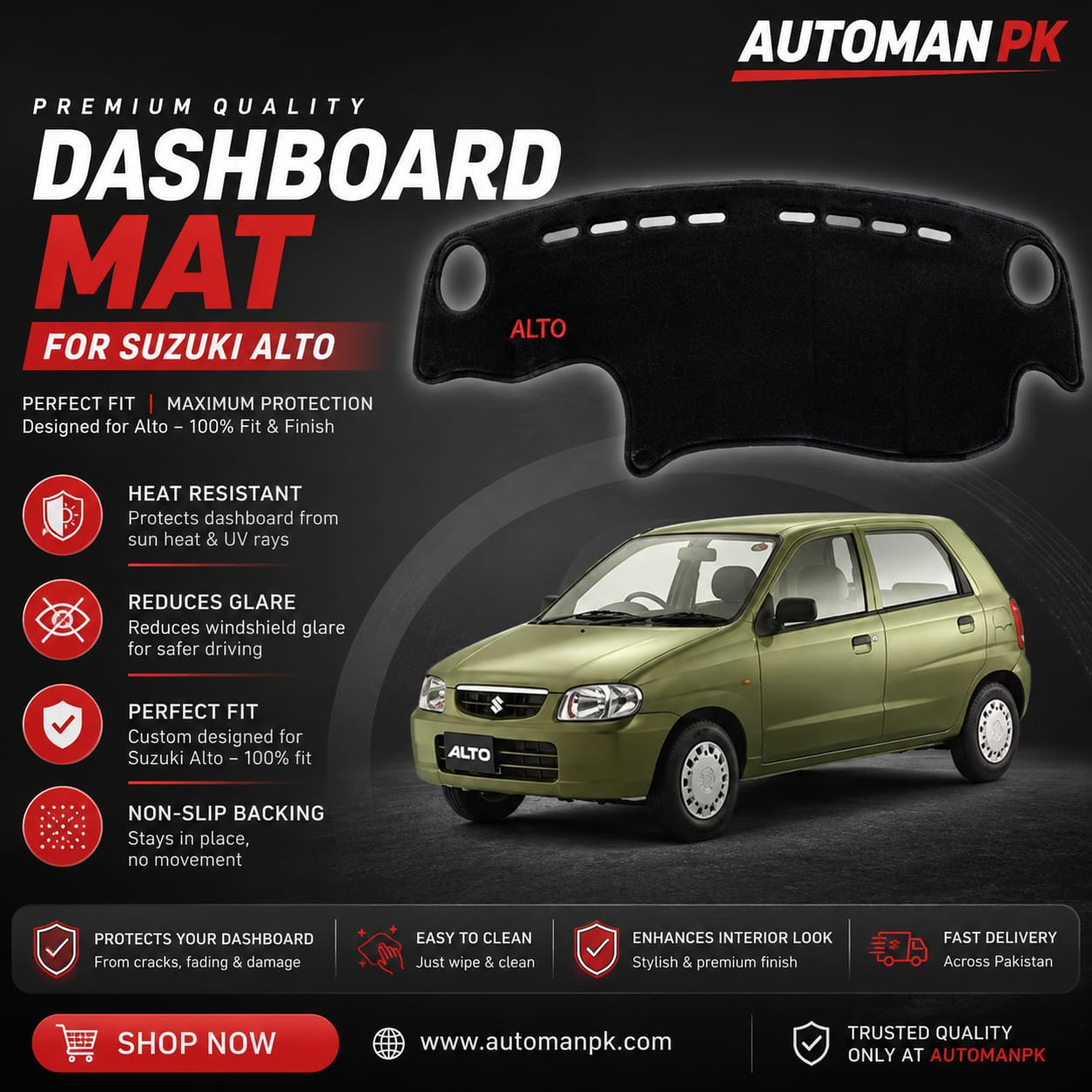 Suzuki Alto 1000cc 2000-2016 Dashboard Mat – Velvet & Carpet | Anti-Glare | Non-Slip | Custom Fit