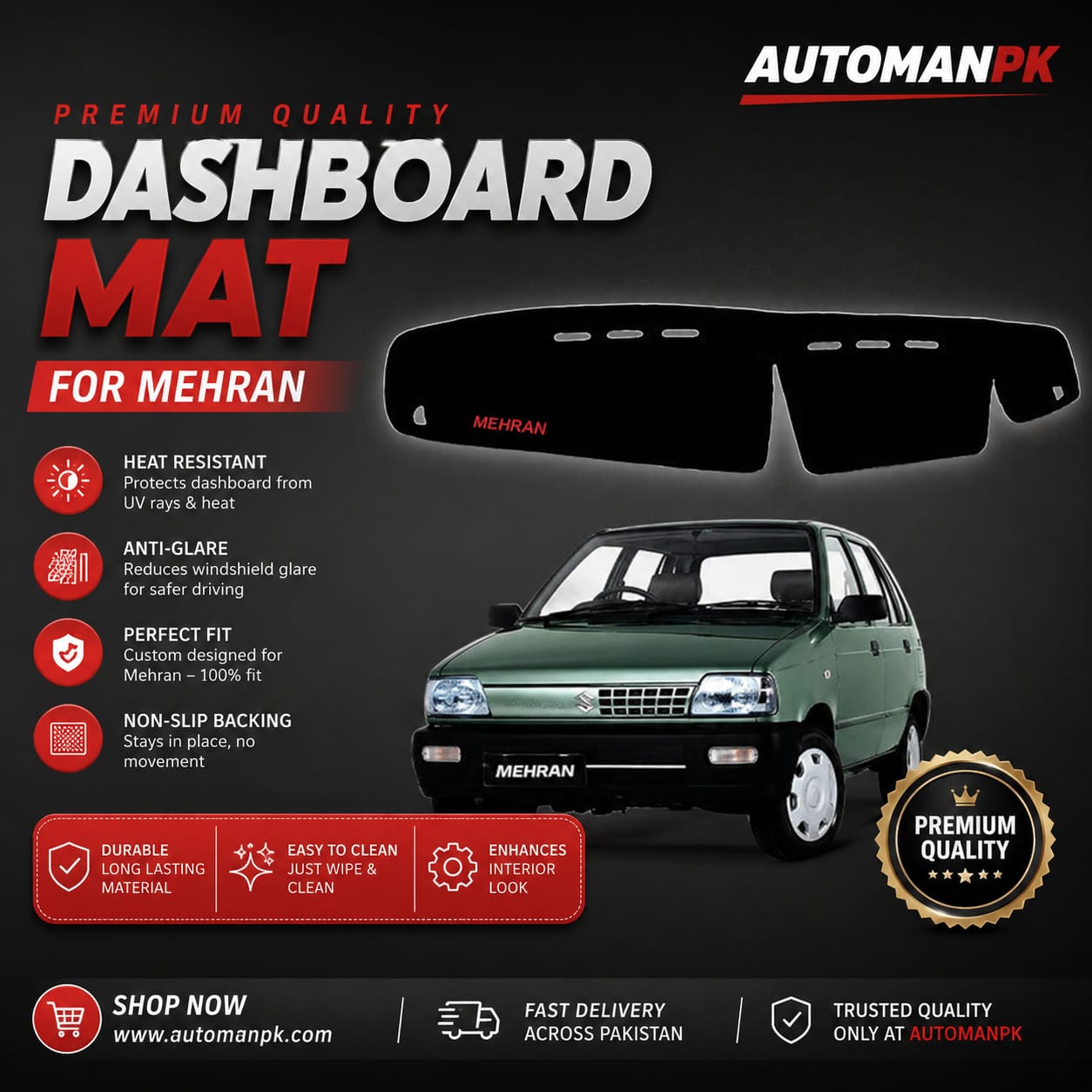 Suzuki Mehran Dashboard Mat – Velvet & Carpet | Anti-Glare | Non-Slip | Custom Fit