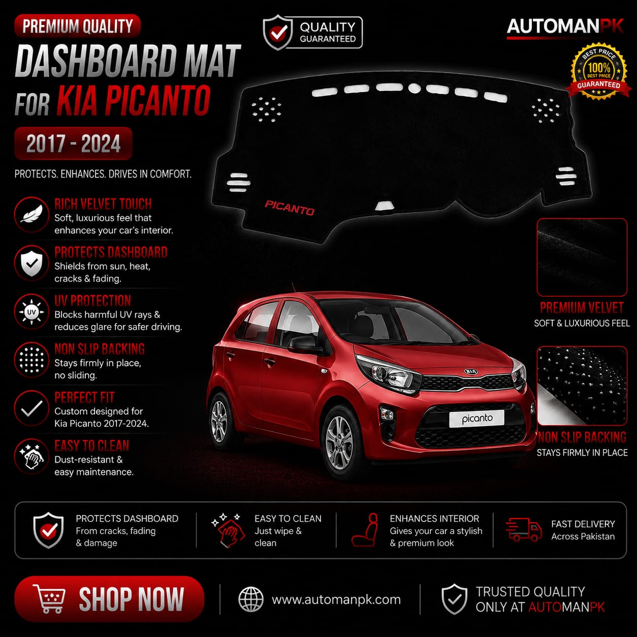 Kia Picanto Velvet Dashboard Mat – Anti-Glare | Non-Slip | Custom Fit