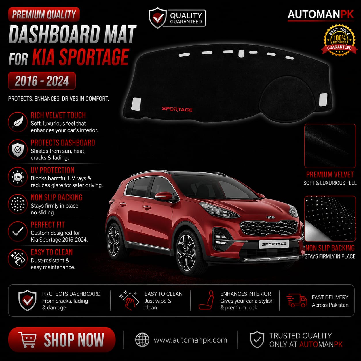 Kia Sportage 2019-2022 Velvet Dashboard Mat – Anti-Glare | Non-Slip | Custom Fit