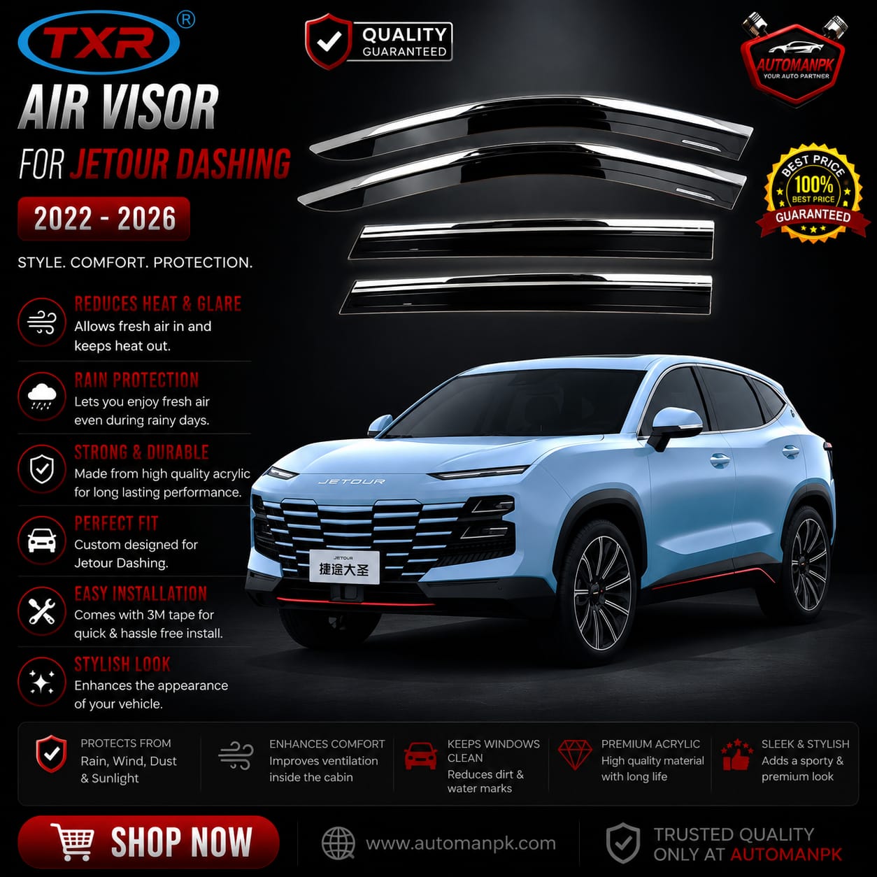 Jetour Dashing TXR Air Press Sun Visor / Door Visor – Wind Deflector (Set of 6)