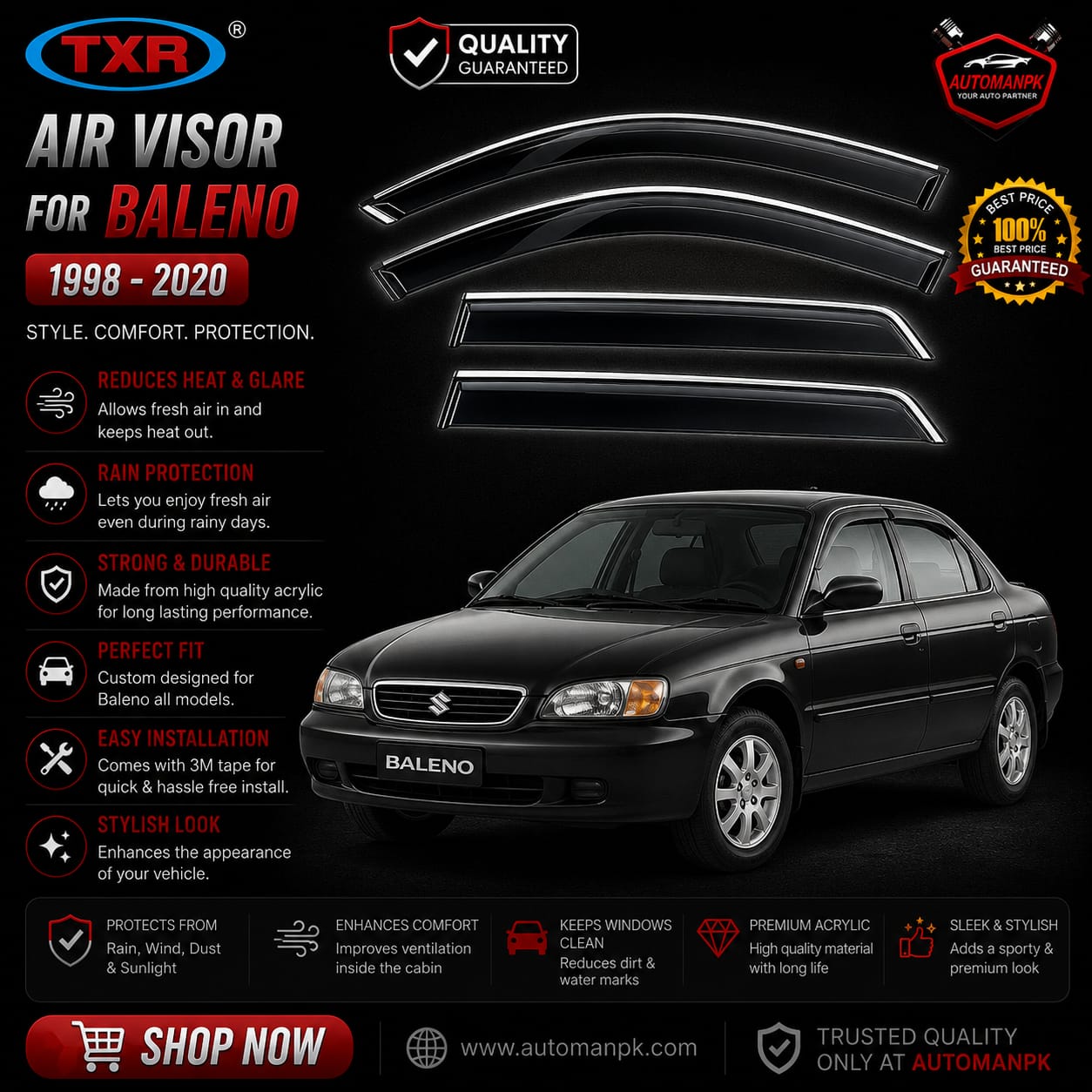 Suzuki Baleno Air Press Sun Visor / Door Visor – Wind Deflector (Set of 4)