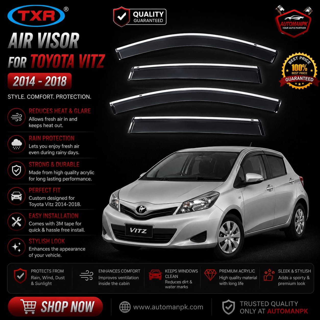 Toyota Vitz 2015-2026 Air Press Sun Visor / Door Visor – Wind Deflector (Set of 4)
