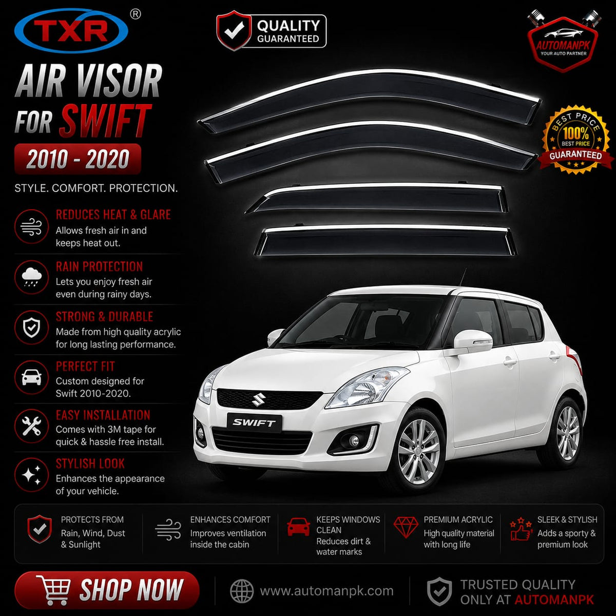 Suzuki Swift Air Press Sun Visor / Door Visor – Wind Deflector (Set of 4)