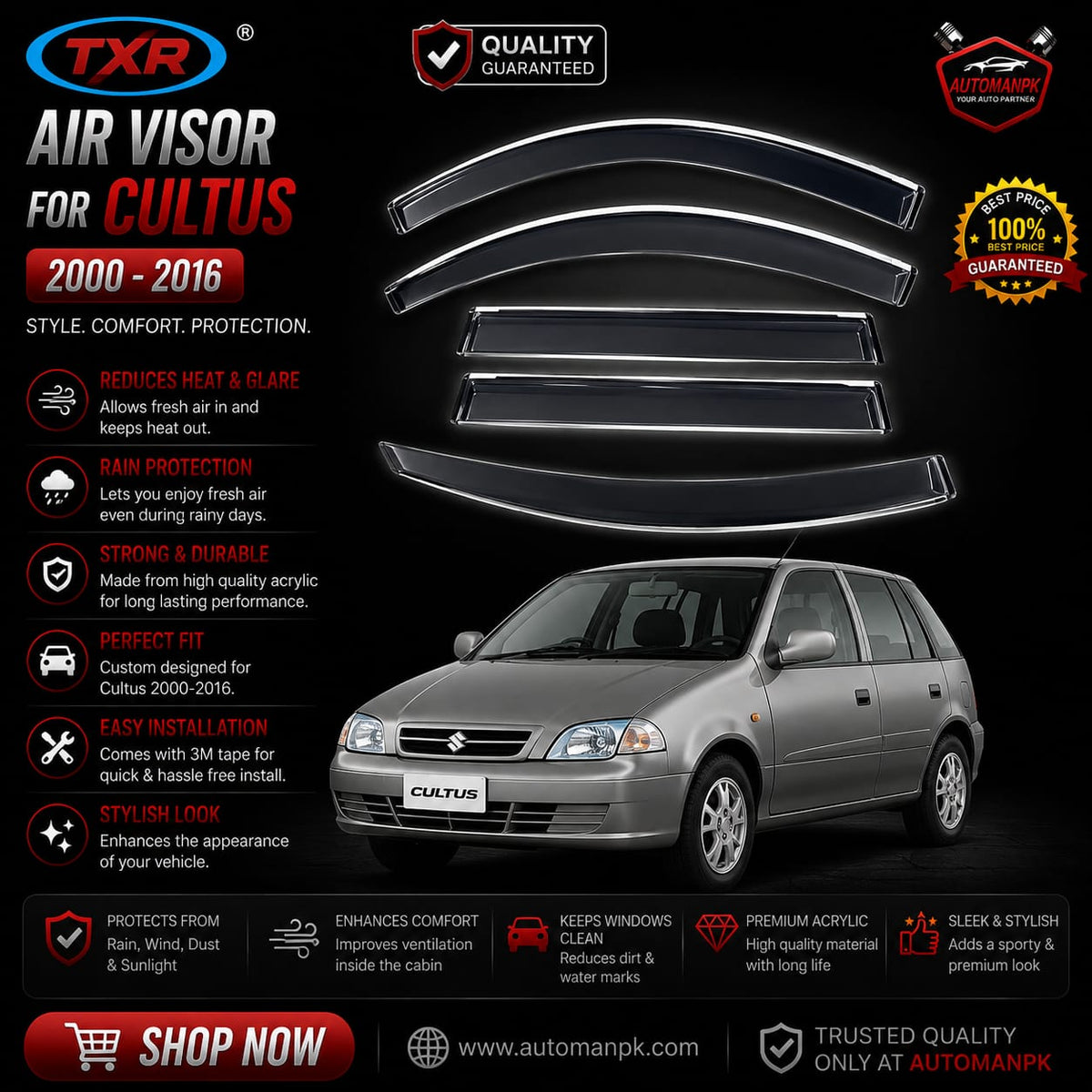 Suzuki Cultus 2000-2016 Air Press Sun Visor / Door Visor – Wind Deflector (Set of 4)