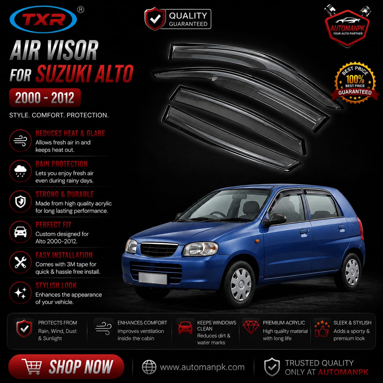 Suzuki Alto 1000cc Air Press Sun Visor / Door Visor – Wind Deflector (Set of 4)