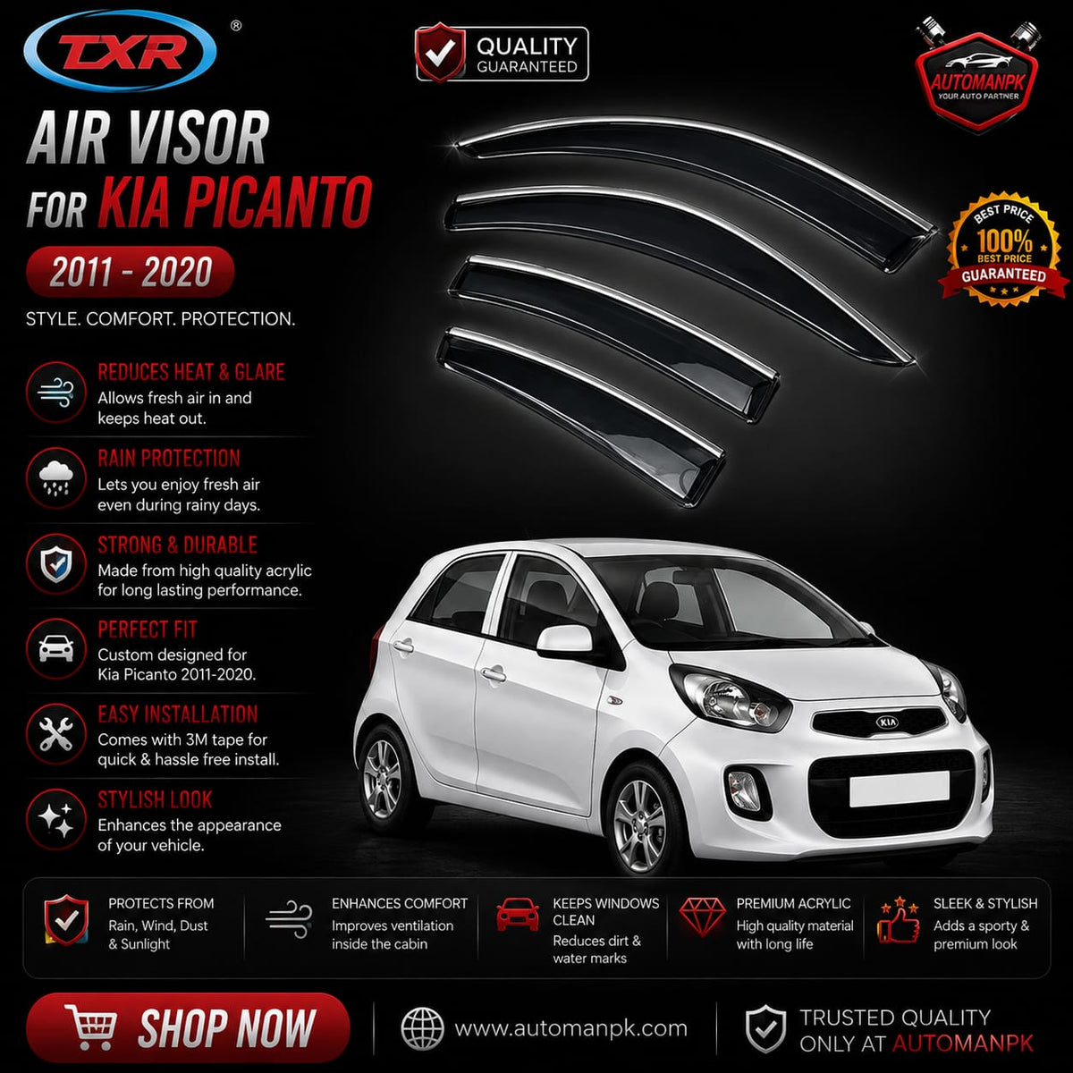 Kia Picanto Air Press Sun Visor / Door Visor – Wind Deflector (Set of 4)