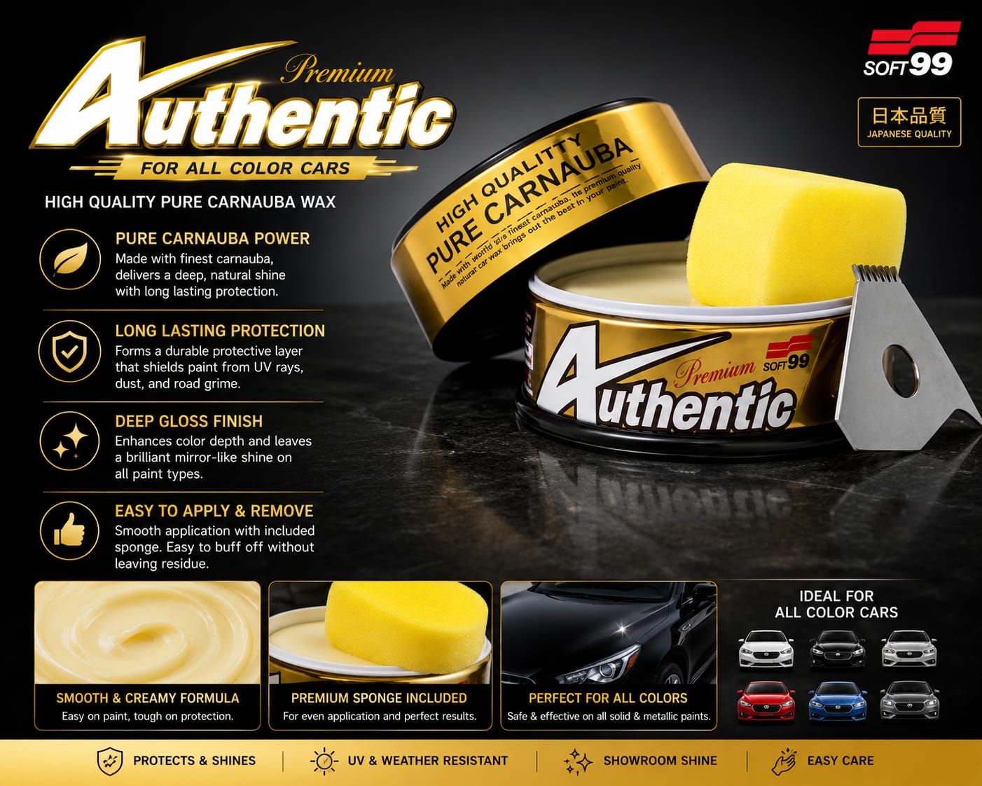 Soft99 Authentic Pure Carnauba Wax – Deep Gloss | Long-Lasting Protection | All Paint Colors