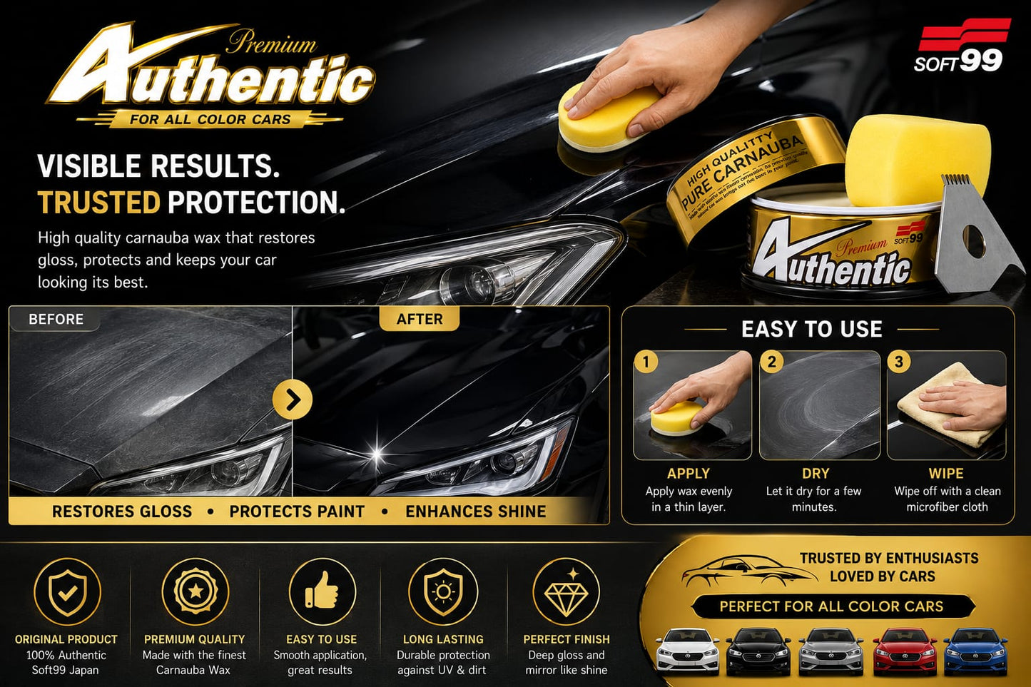 Soft99 Authentic Pure Carnauba Wax – Deep Gloss | Long-Lasting Protection | All Paint Colors