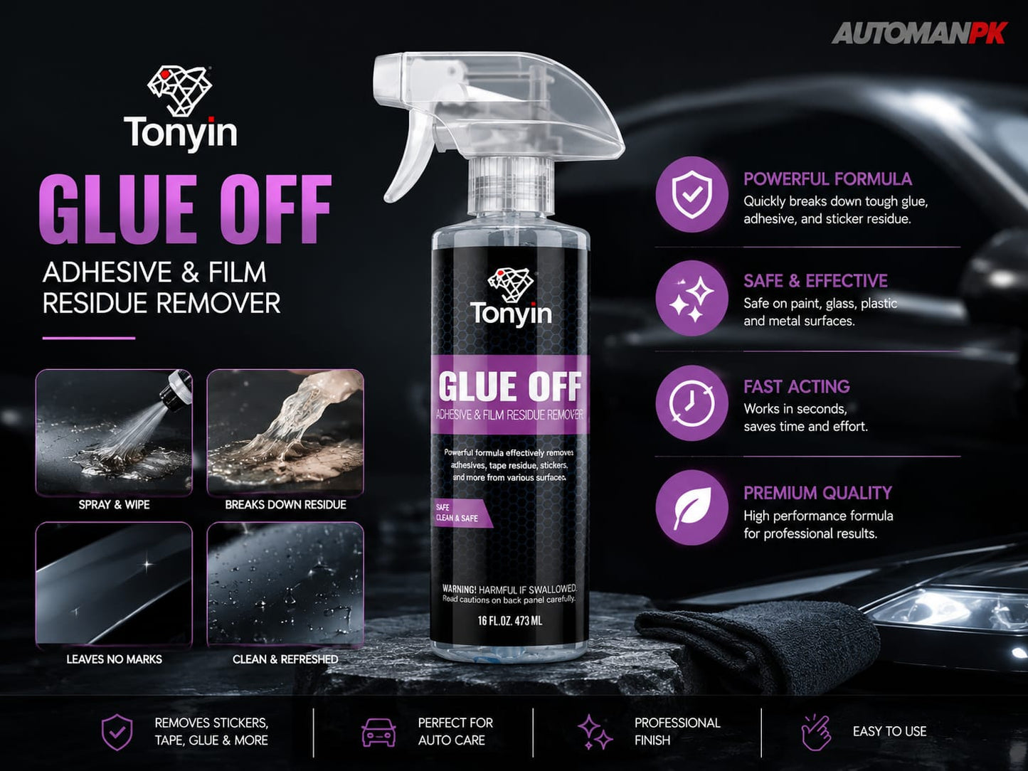 Tonyin Glue Off 473ml – Car Adhesive & Sticker Remover | Safe on Paint, Plastic & Glass