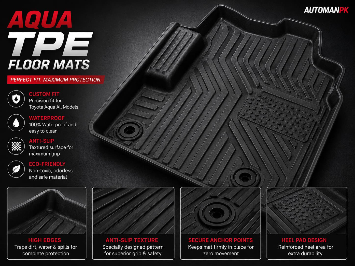 Toyota Aqua TPE Floor Mats – All Models Custom Fit (3Pcs Set)