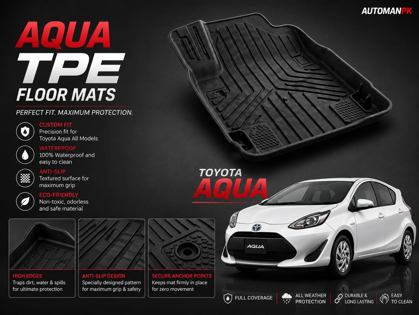 Toyota Aqua TPE Floor Mats 2012-2014 – Custom Fit (3Pcs Set)