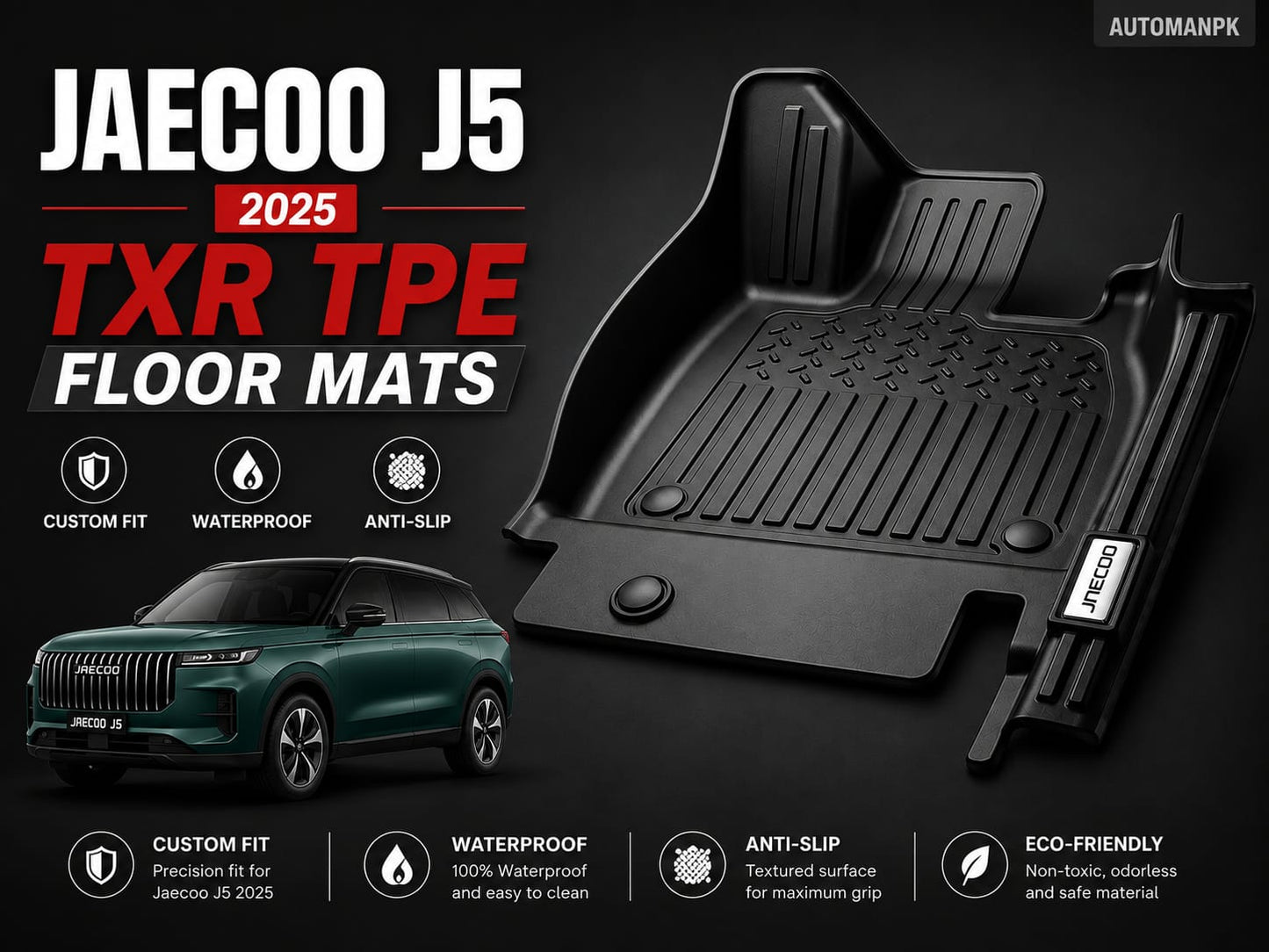 Jaecoo J5 2025-2026 TXR TPE Floor Mats – Custom Fit – Waterproof – Anti-Slip – Full Set