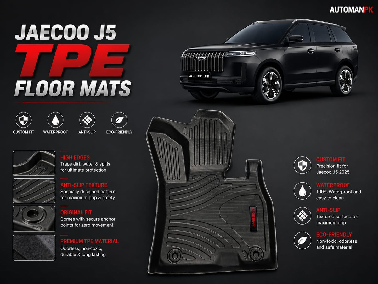 Jaecoo J5  TPE Floor Mats – Custom Fit Waterproof Car Mats (3-Piece Set)