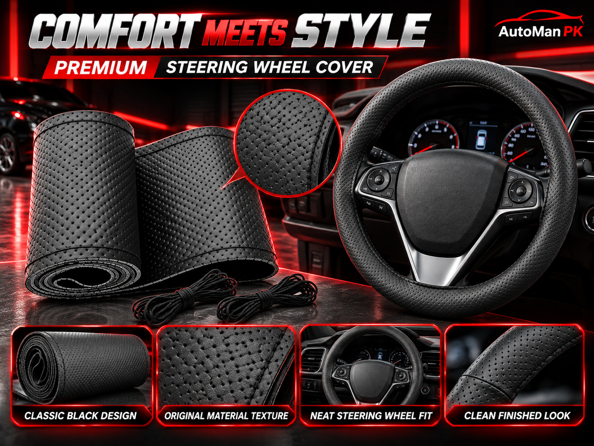 Black dotted steering wheel cover with stitched finish shown fitted on a compatible car steering wheel