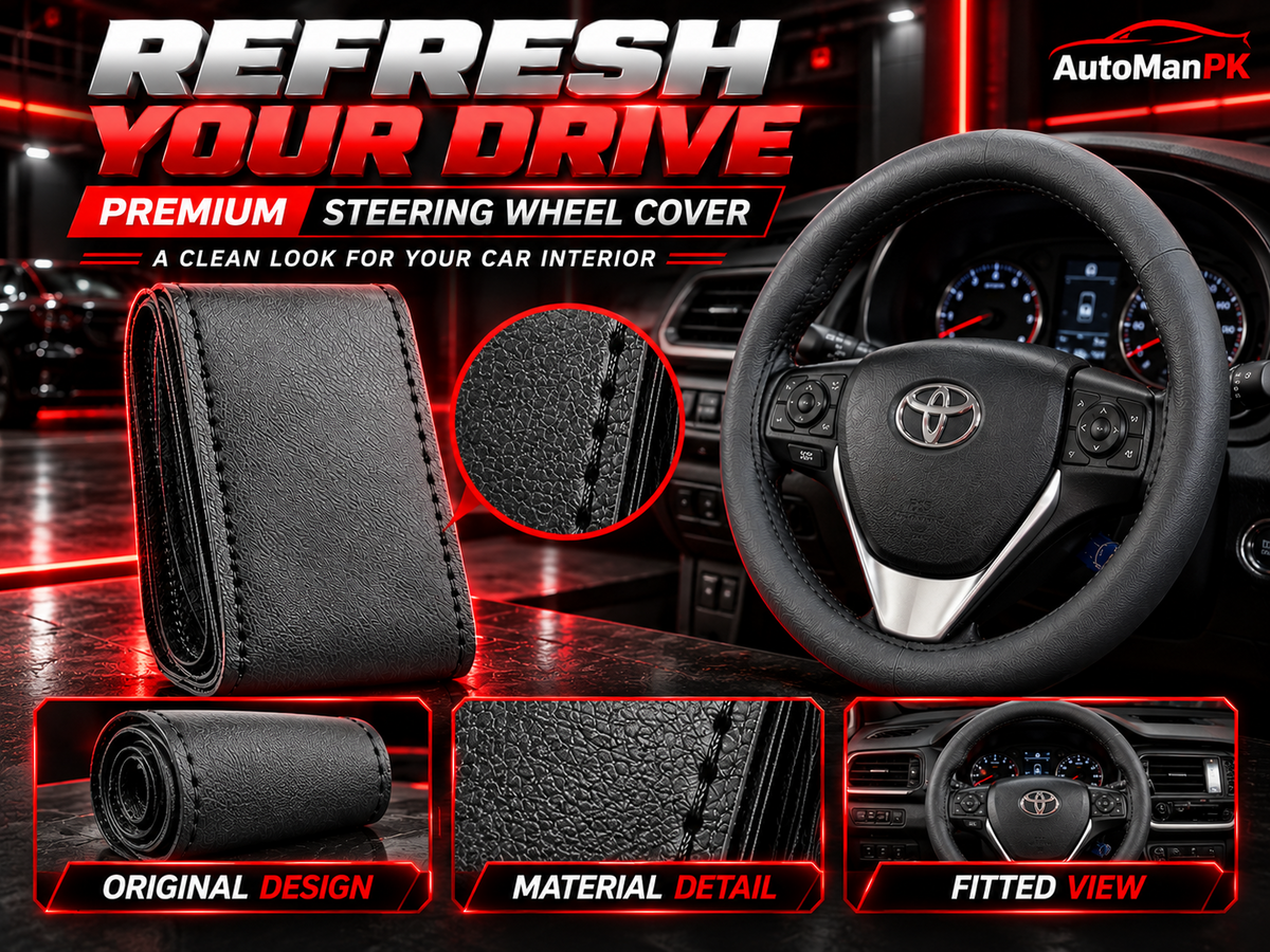 Universal black leather-textured steering wheel cover showing product details and fitted appearance