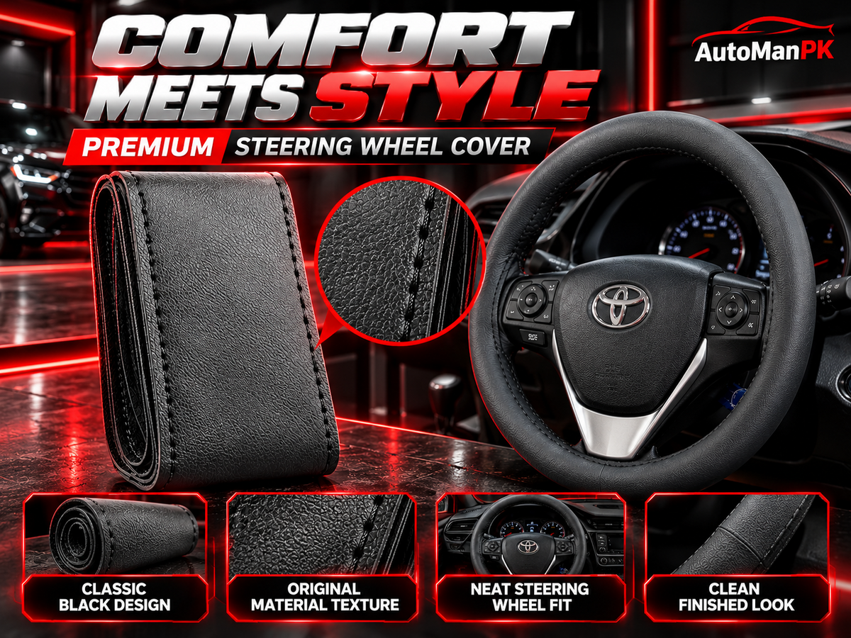 AutoManPK black steering wheel cover close-up showing leather-textured surface and stitching