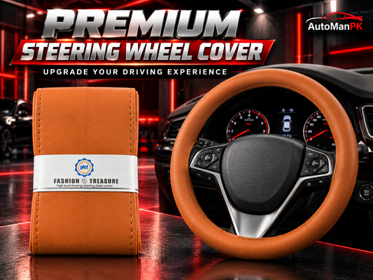 AutoManPK universal brown and tan leather-textured steering wheel cover product showcase