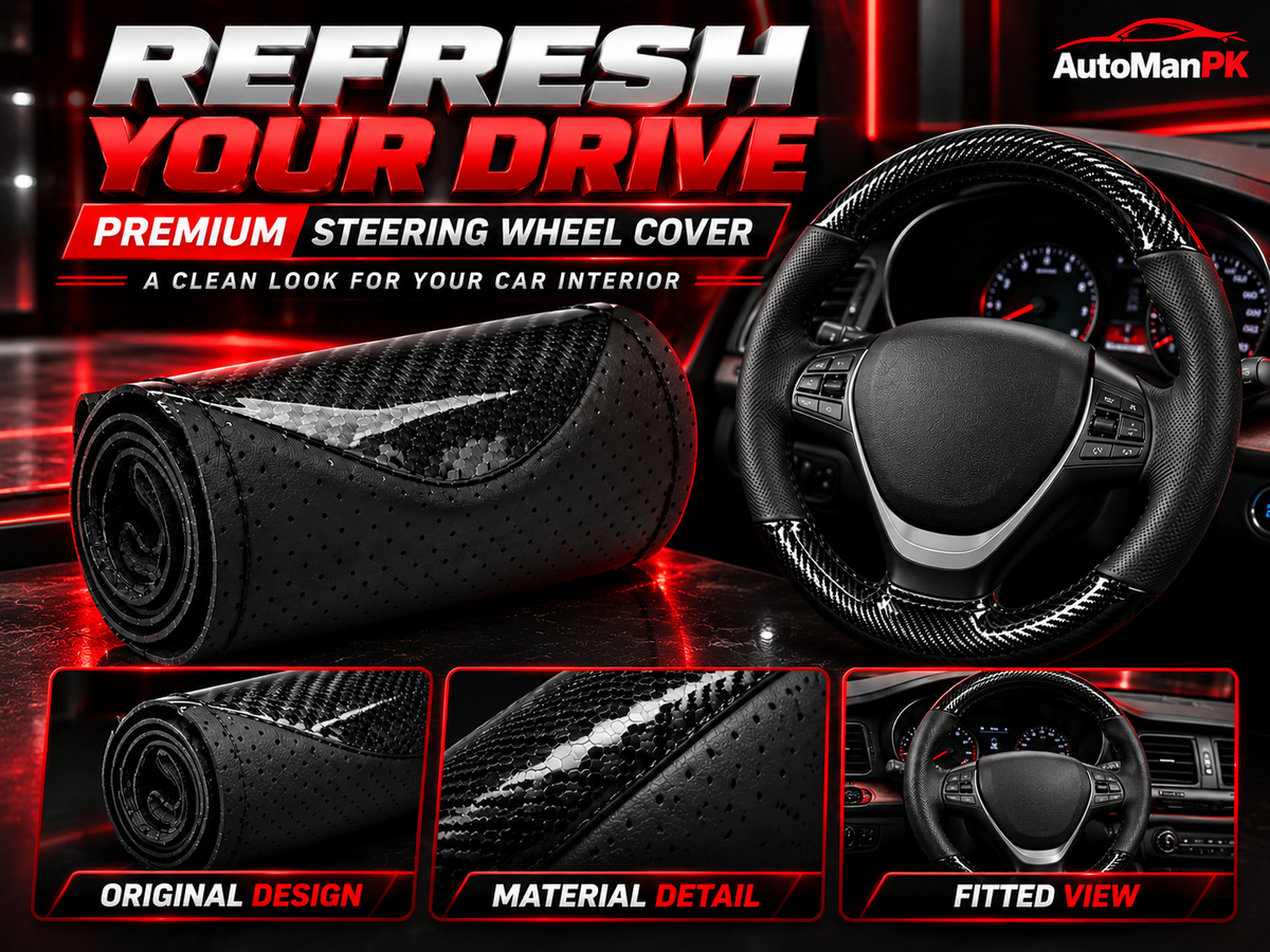 AutoManPK premium universal carbon-fiber-style dotted steering wheel cover product advertisement