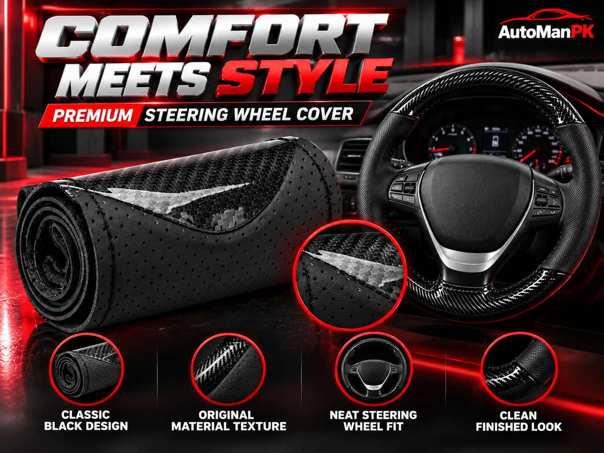 Black carbon-fiber-style steering wheel cover close-up showing dotted leather-textured detailing