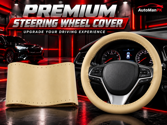 AutoManPK universal beige leather-textured steering wheel cover fitted on a compatible car steering wheel