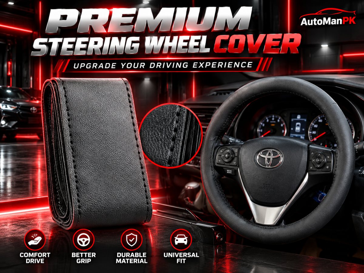AutoManPK universal black leather-textured steering wheel cover fitted on a compatible car steering wheel