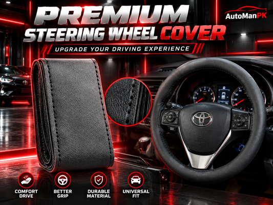 AutoManPK universal black leather-textured steering wheel cover fitted on a compatible car steering wheel