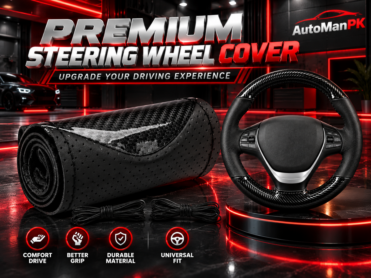 AutoManPK universal black carbon-fiber-style steering wheel cover with dotted-texture grip sections