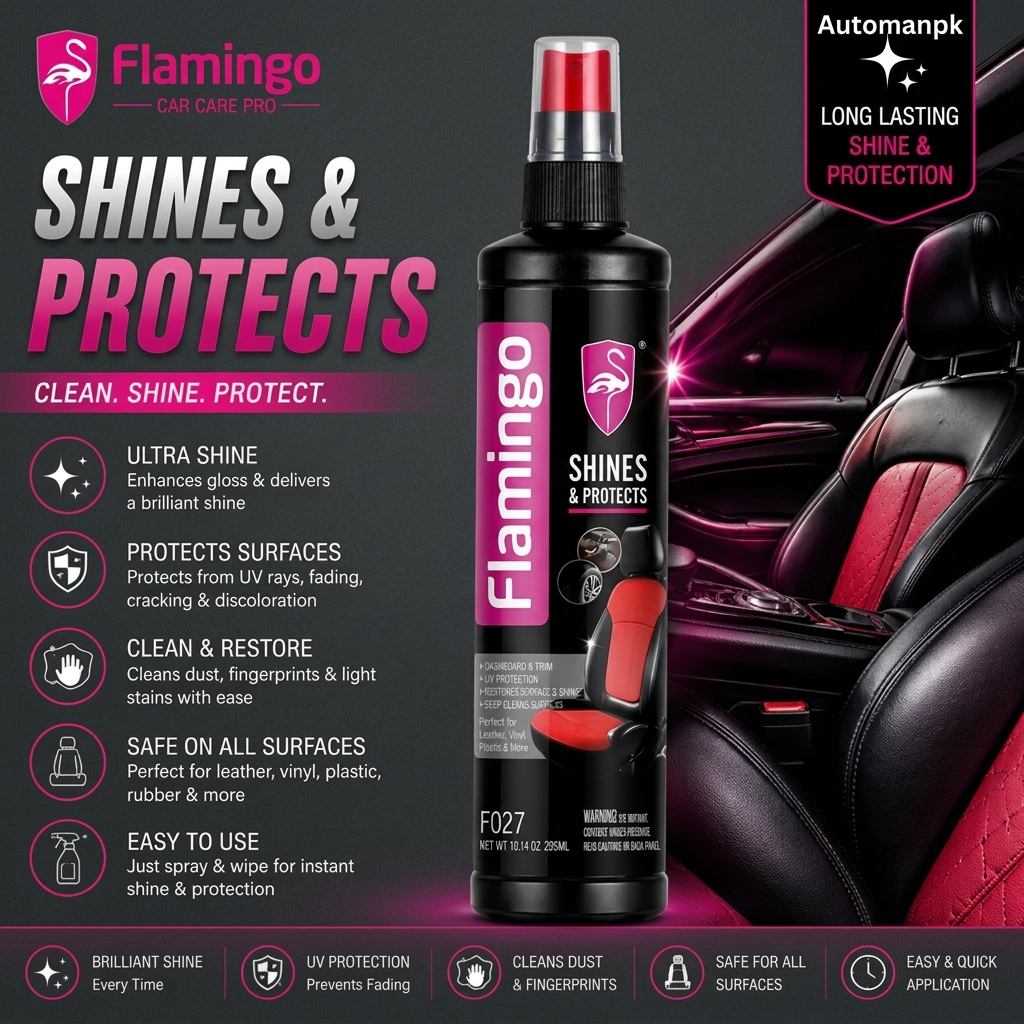 Flamingo car care product bottle with car interior background, highlighting features and benefits.