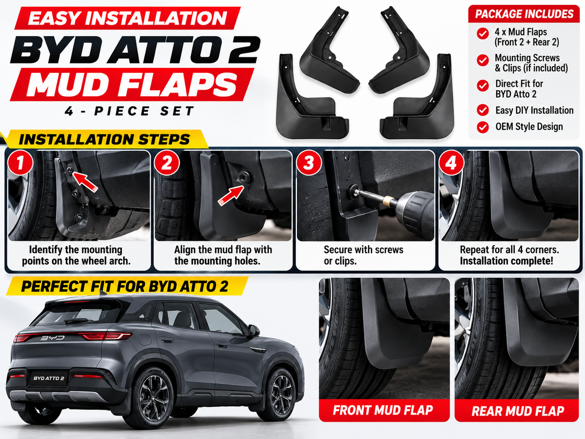 BYD Atto 2 mud flaps installation guide for front and rear wheels