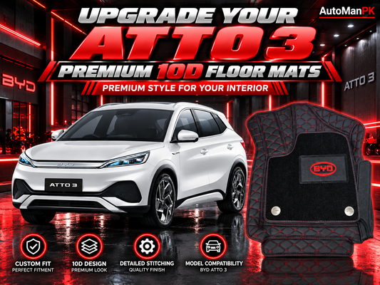 BYD Atto 3 black custom-fit style 10D floor mats with red diamond stitching product showcase