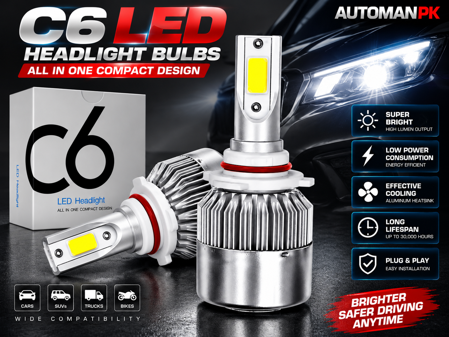C6 LED headlight bulbs by AutomanPK, shown with two silver compact LED bulbs, a product box, and a dark car background with bright headlights. Text highlights features like super bright output, low power consumption, effective cooling, and long lifespan.