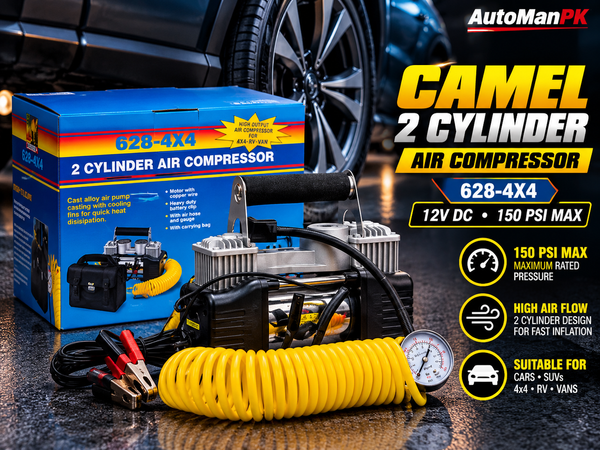 Camel 628-4X4 double cylinder 12V air compressor 150 PSI with pressure gauge and yellow air hose - AutoManPK