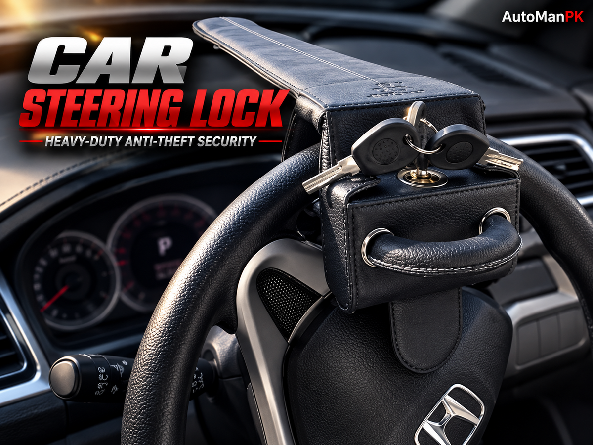 Car Steering Leather Lock Black Installed on Steering Wheel Pakistan