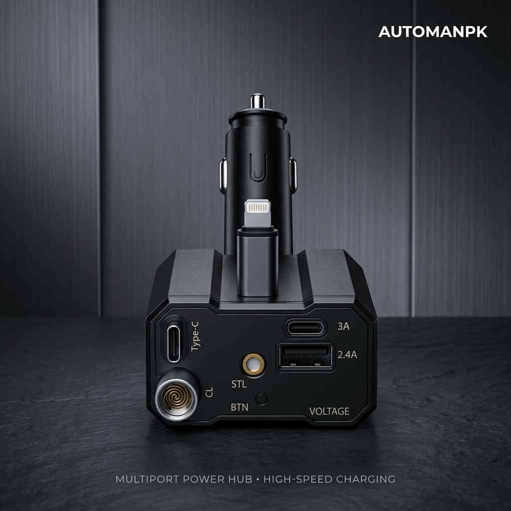 5-in-1 Car Charger – Multiport Power Hub – High-Speed Charging – Retractable Lightning + Type-C + USB + Cigarette Lighter + Atmosphere Light