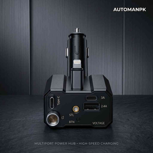 5-in-1 Car Charger – Multiport Power Hub – High-Speed Charging – Retractable Lightning + Type-C + USB + Cigarette Lighter + Atmosphere Light