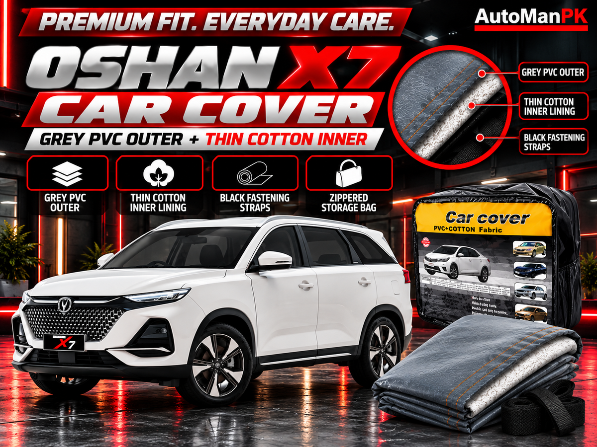 Changan Oshan X7 2021–2026 car cover details showing PVC exterior, cotton lining, fastening straps and storage bag