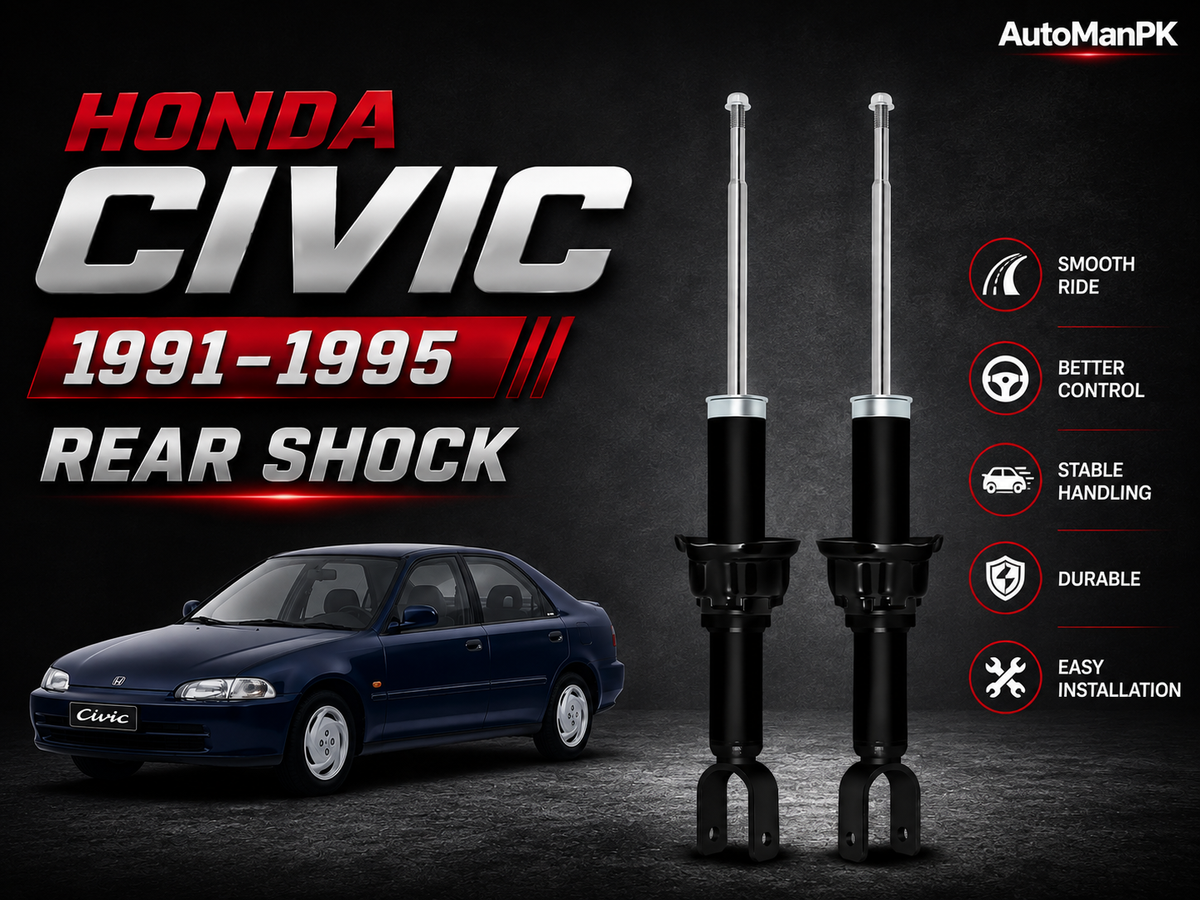 A pair of Honda Civic rear shock absorbers displayed against a dark studio background, with a blue 1991-1995 Honda Civic car shown on the left and feature callouts on the right. The AutoManPK brand logo is visible in the top right corner.