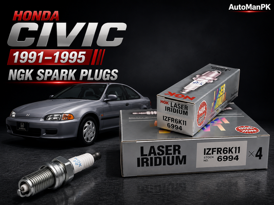 NGK Laser Iridium spark plugs for Honda Civic 1991-1995, shown with two product boxes and one loose spark plug on a dark studio background, alongside a Honda Civic car graphic and AutoManPK branding.