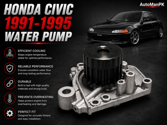 Honda Civic 1991-1995 water pump part shown in the foreground on a dark studio-style background, with a black Honda Civic car in the upper right and marketing text on the left. Visible brand: AutoManPK.