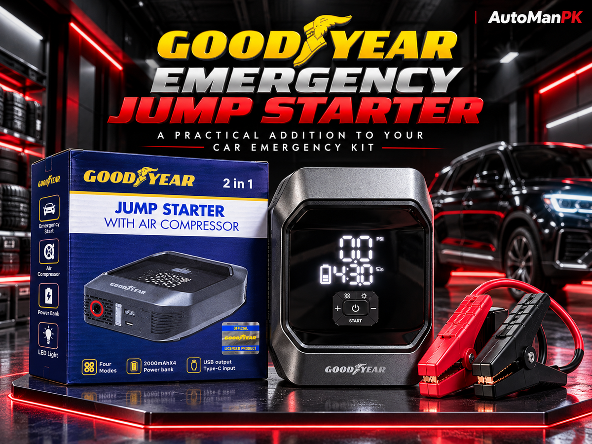 Goodyear GY-2745 emergency jump starter with air compressor in premium automotive garage