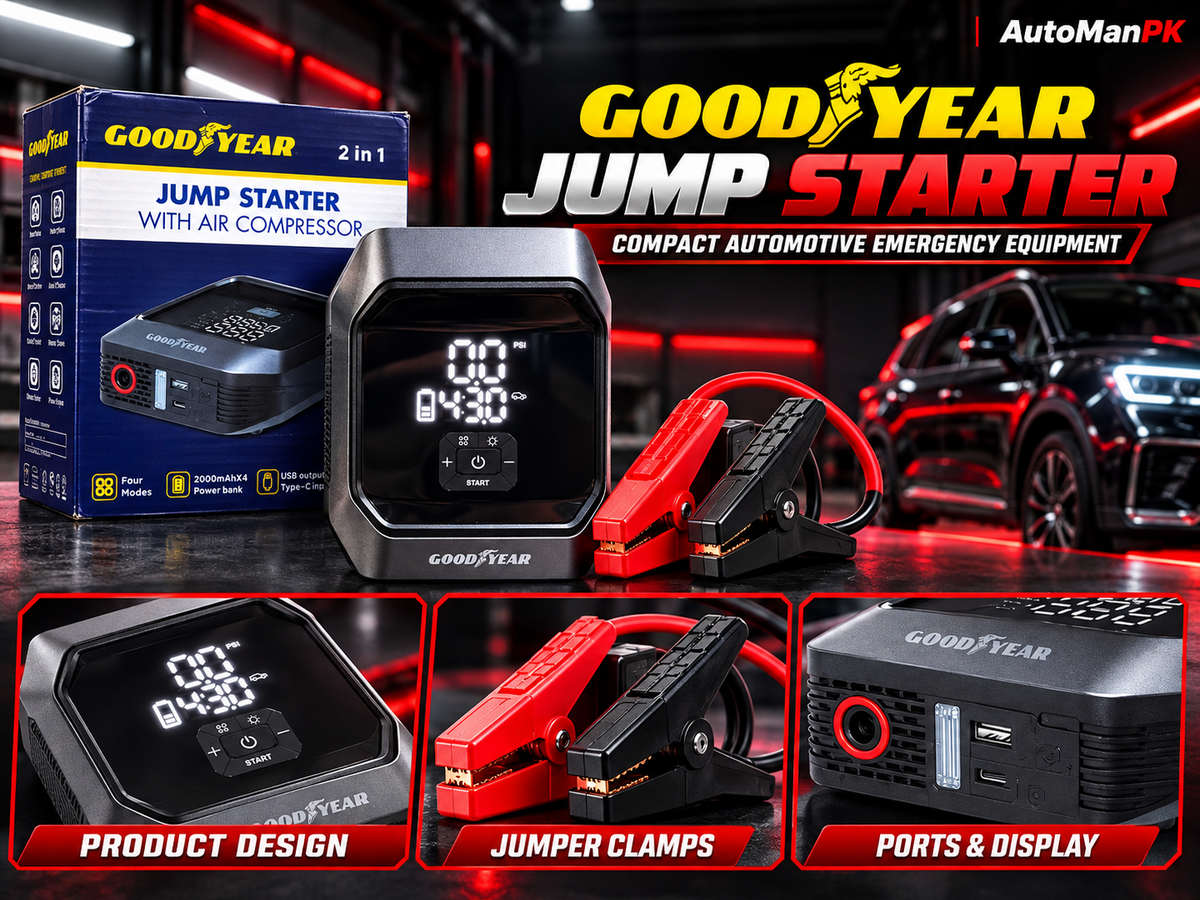 Goodyear GY-2745 jump starter with air compressor and jumper clamps product showcase