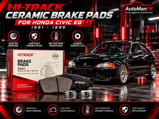 Hi-Track ceramic brake pads and product packaging for Honda Civic 1991–1995, displayed beside a black Honda Civic EG with AutoManPK branding.